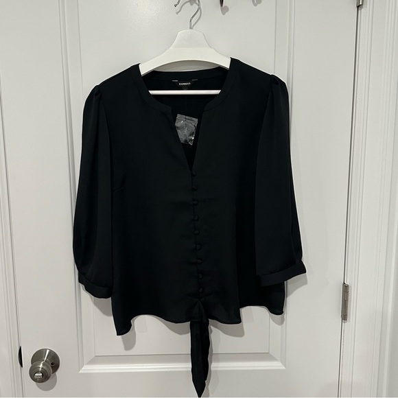 Express V-Neck Button-Down Tie-Front Blouse (Black) XL - Picture 5 of 8